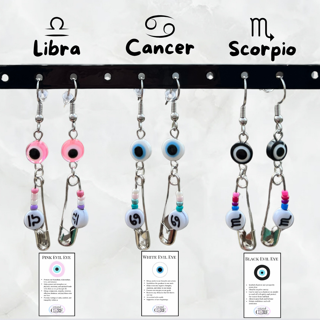 Funky Safety Pin Zodiac & Evil Eye Earrings