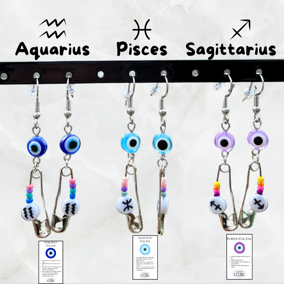 Funky Safety Pin Zodiac & Evil Eye Earrings