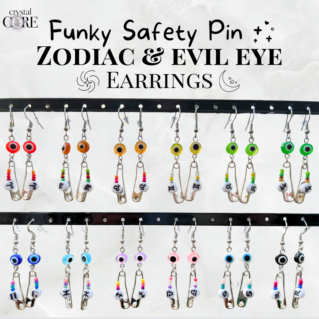 Funky Safety Pin Zodiac & Evil Eye Earrings