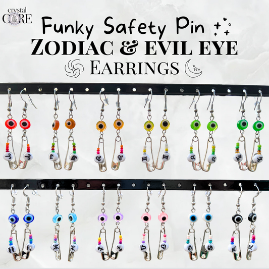 Funky Safety Pin Zodiac & Evil Eye Earrings