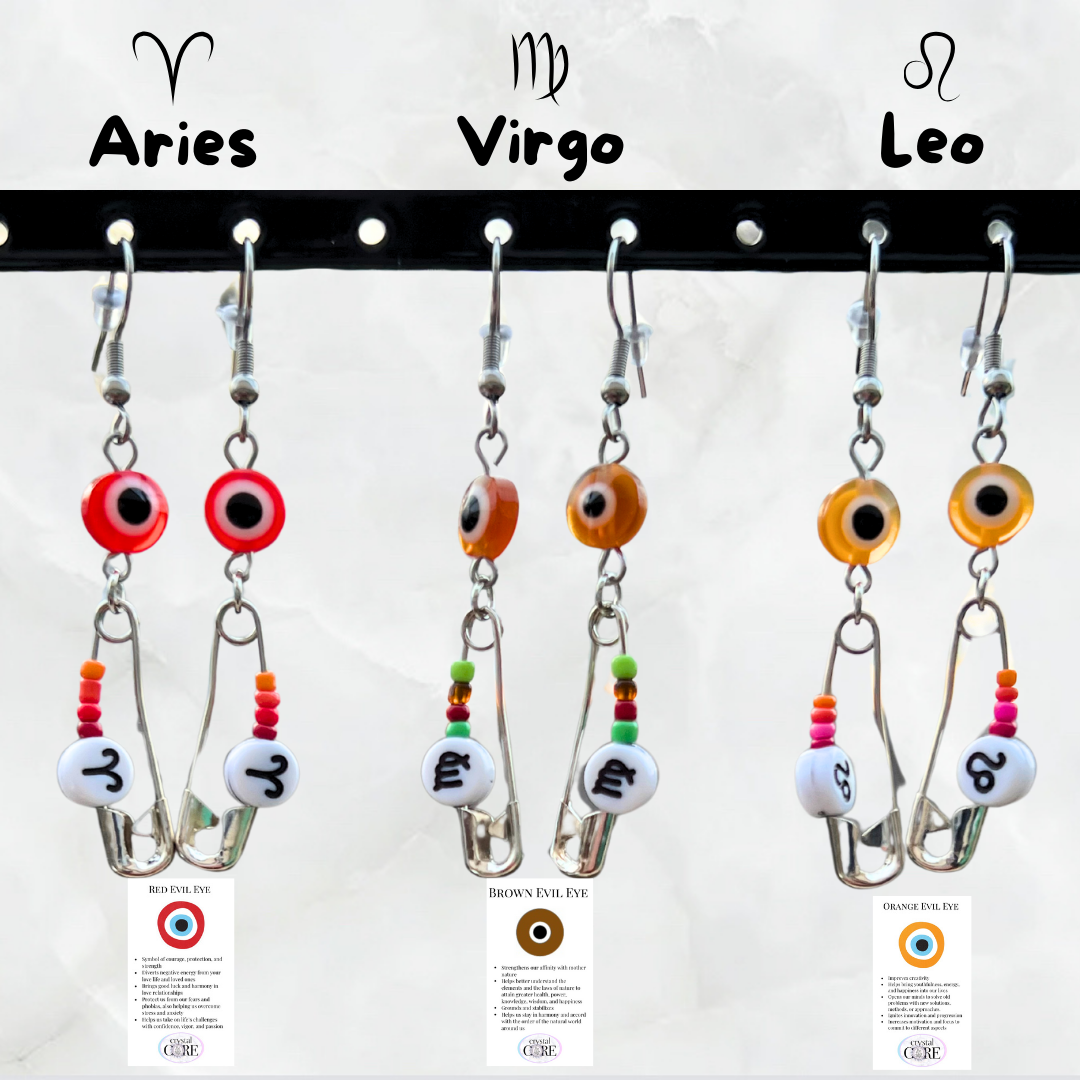 Funky Safety Pin Zodiac & Evil Eye Earrings