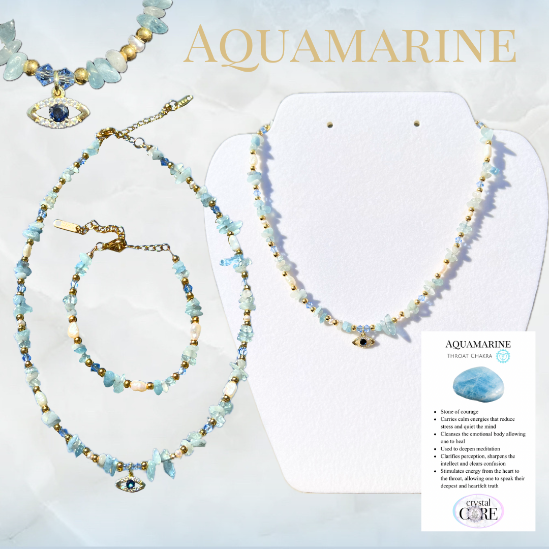 18k Gold Plated Evil Eye, Crystal & Freshwater Pearl Necklace and Bracelet