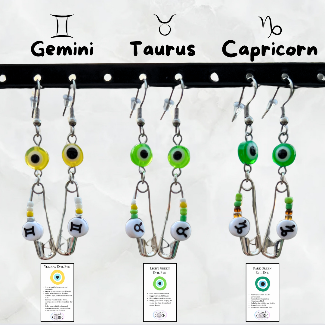 Funky Safety Pin Zodiac & Evil Eye Earrings