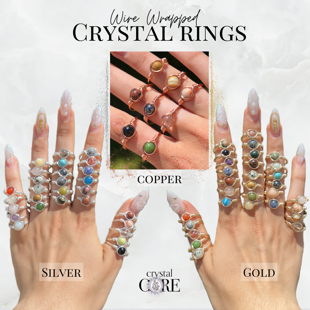 Wire Wrapped Crystal Rings - Silver, Gold & Copper