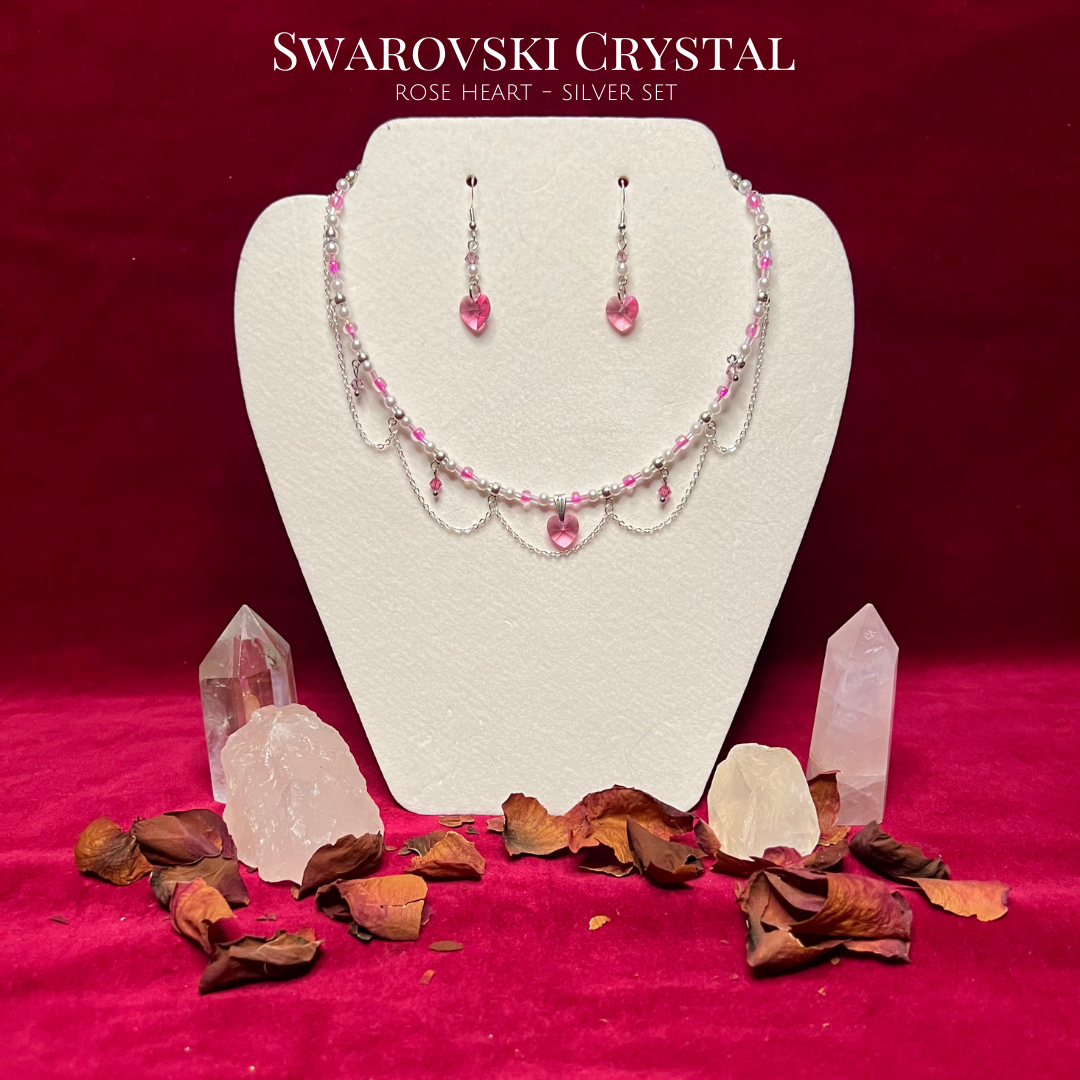 Rose Swarovski Crystal Heart Silver Set