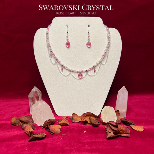 Rose Swarovski Crystal Heart Silver Set