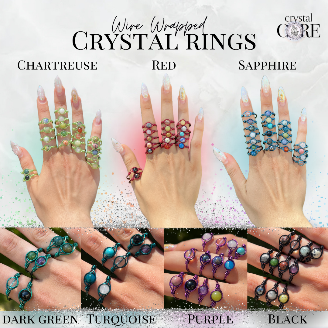 Multicoloured Wire Wrapped Crystal Rings