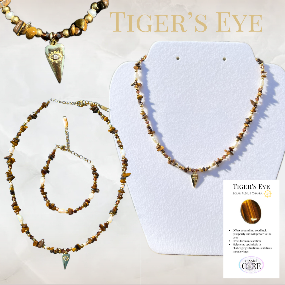 18k Gold Plated Evil Eye, Crystal & Freshwater Pearl Necklace and Bracelet