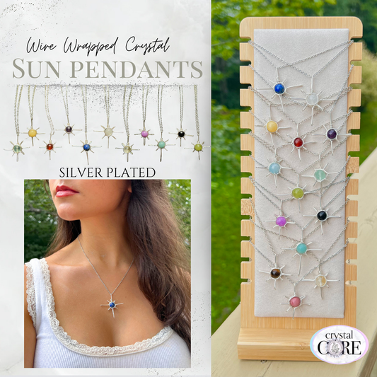 Wire Wrapped Crystal Sun Pendants - Silver Plated