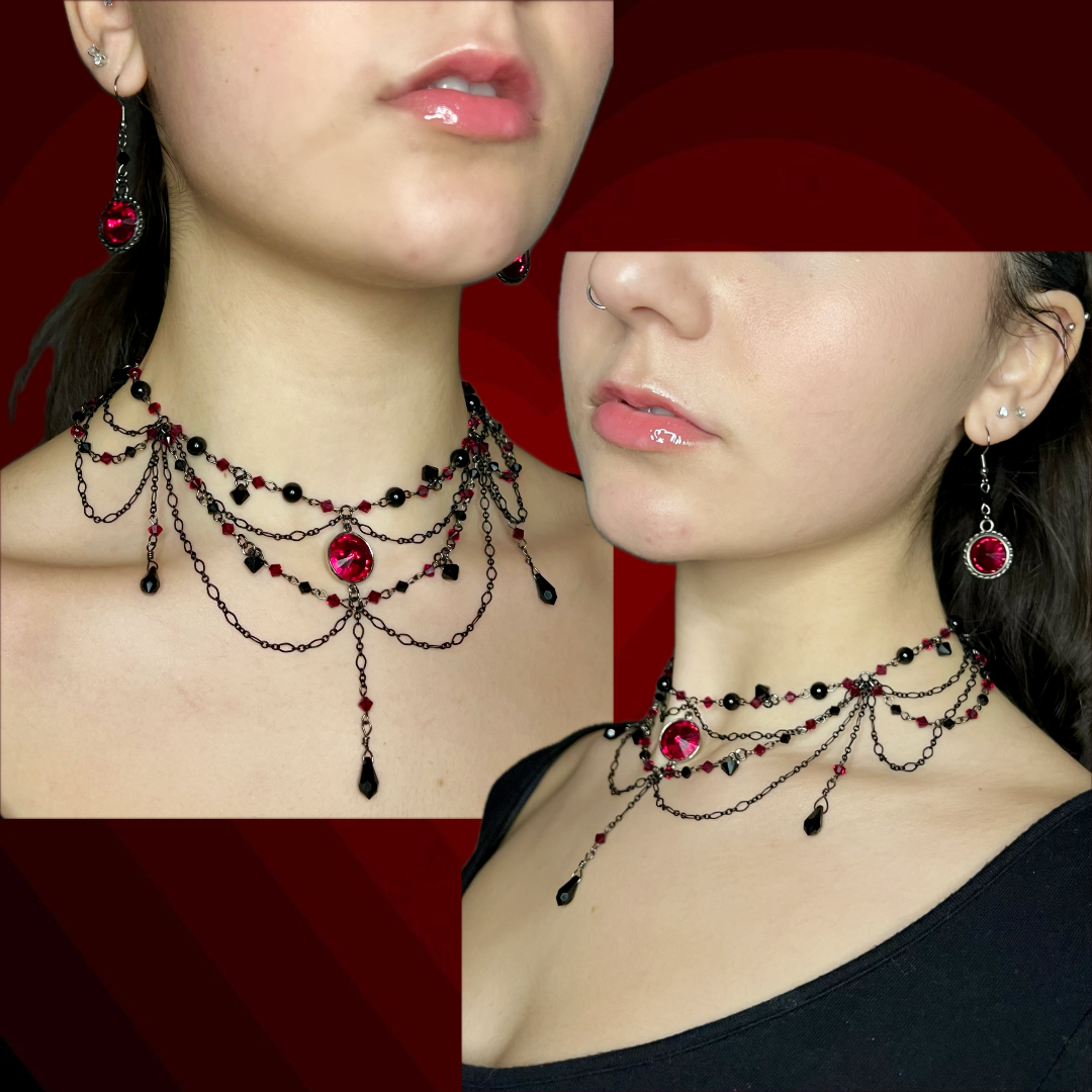 Dark Feminine Light Siam and Black Jet Swarovski Crystal Set - Gothic Victorian Choker