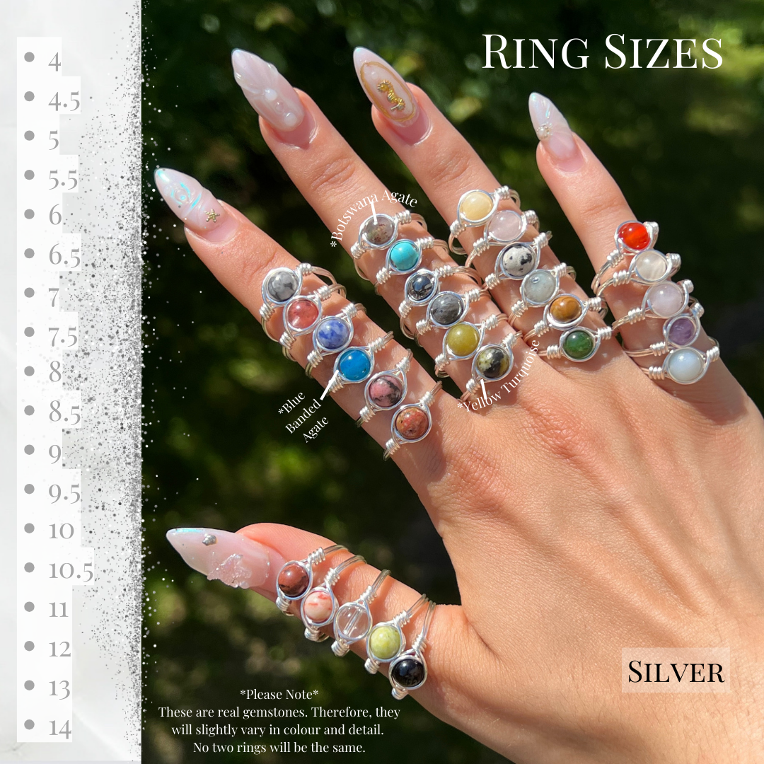 Multicoloured Wire Wrapped Crystal Rings