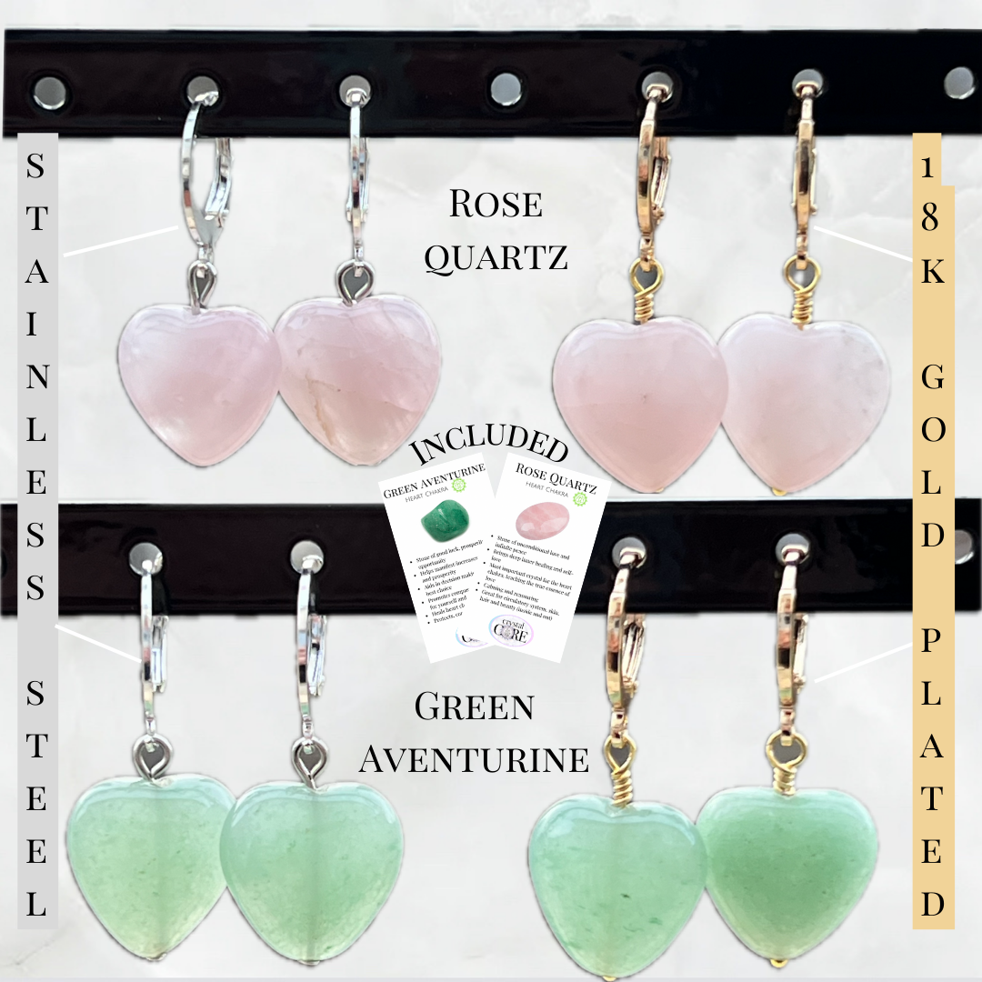 Heart Shaped Rose Quartz and Green Aventurine LeverBack Earrings