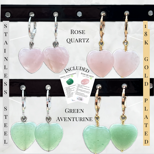 Heart Shaped Rose Quartz and Green Aventurine LeverBack Earrings