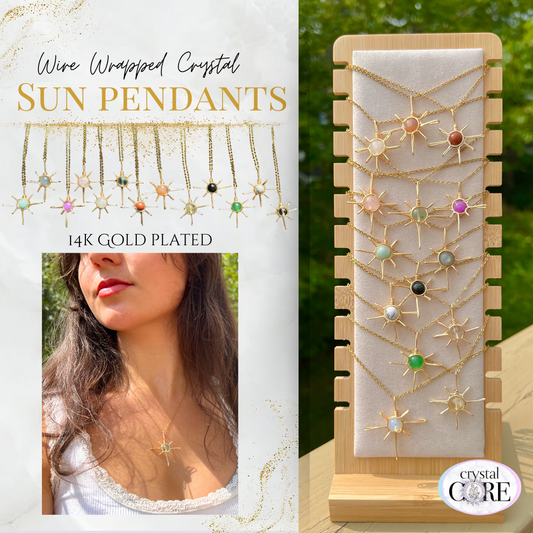 Wire Wrapped Crystal Sun Pendants - 14k Gold Plated