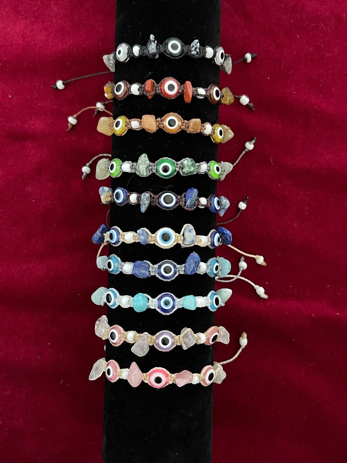 Evil Eye and Crystal Middle Gradient Adjustable Bracelet Waxed Brazilian Cord